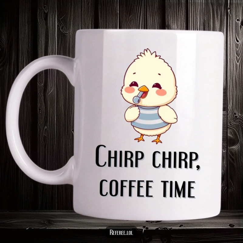 Funny mug with a fluffy chick in a striped shirt blowing a whistle with pure glee, radiating adorable and cheerful energy.