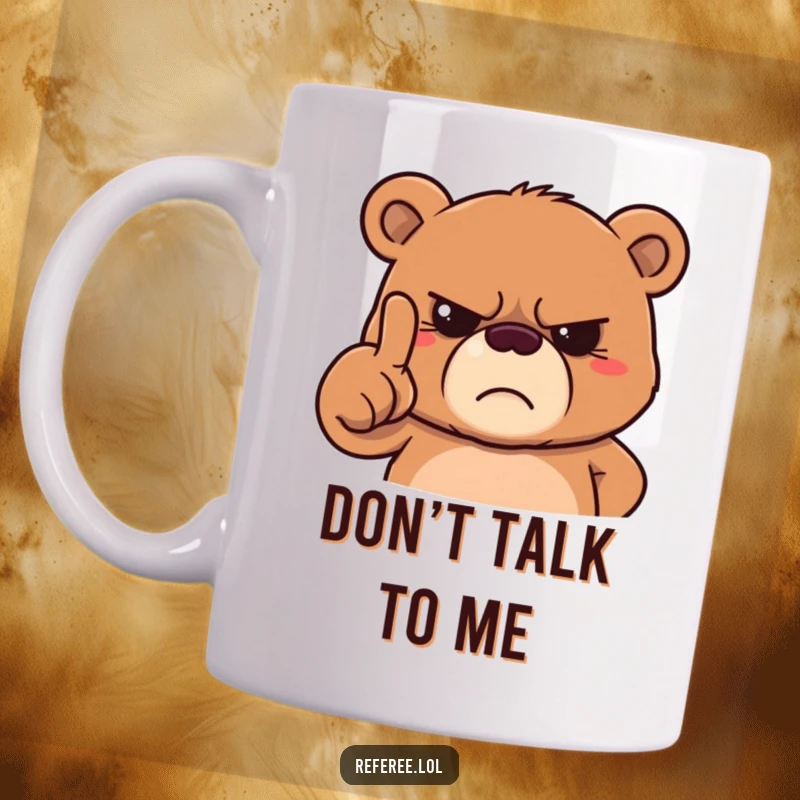 Funny grumpy bear mug showing a stern bear pointing a finger with a disapproving frown, conveying a clear message.
