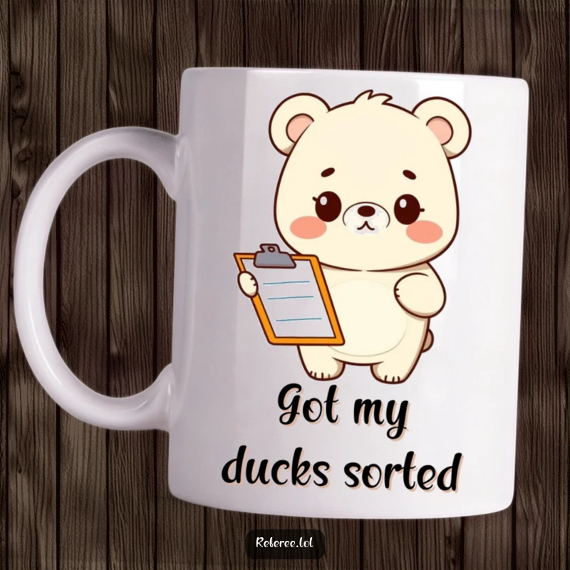 Funny mug featuring a smiling bear character looking quizzical while holding a clipboard. Ideal for office humor and gift-givers.