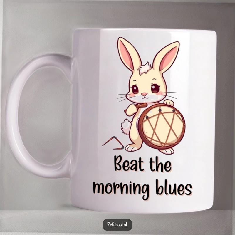 Funny Mug featuring a curious bunny with a determined look, energetically tapping on a drum, embodying musical passion.