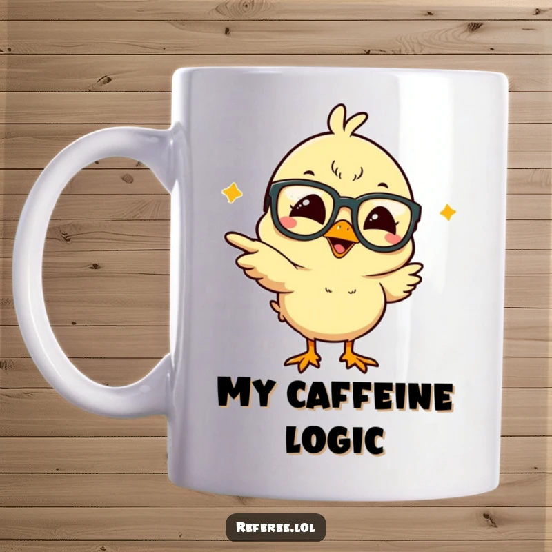 Funny chick wearing oversized glasses, giggling uncontrollably and pointing wildly, printed on a ceramic mug for a humorous gift.