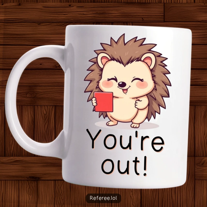 Funny mug featuring a happy hedgehog winking while holding out a red card, ideal for soccer fans seeking a humorous gift.