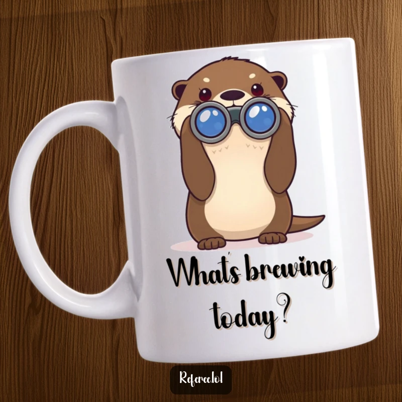 Funny mug showing a curious otter peering intently through oversized binoculars, evoking a sense of adventurous humor and discovery.