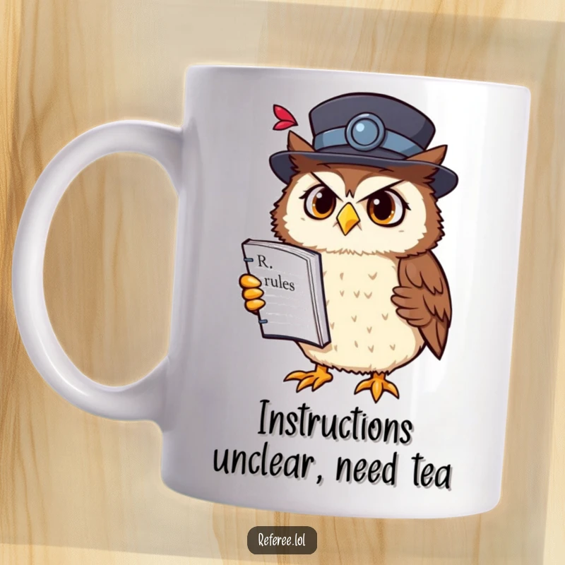 Funny owl professor mug featuring a confused owl in a fancy hat holding a rulebook upside down, embodying witty academic humor.