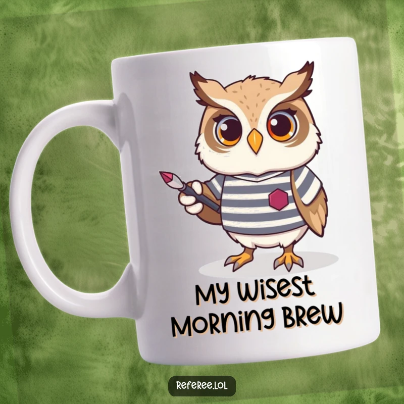 Funny Owl Professor Mug featuring a proud owl in a striped jersey, holding a pointer, ready to impart wisdom with a scholarly look.