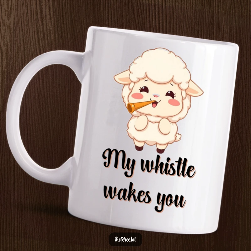 Funny mug showing a fluffy sheep with a joyful expression, blowing a loud whistle with enthusiasm and a bright smile.