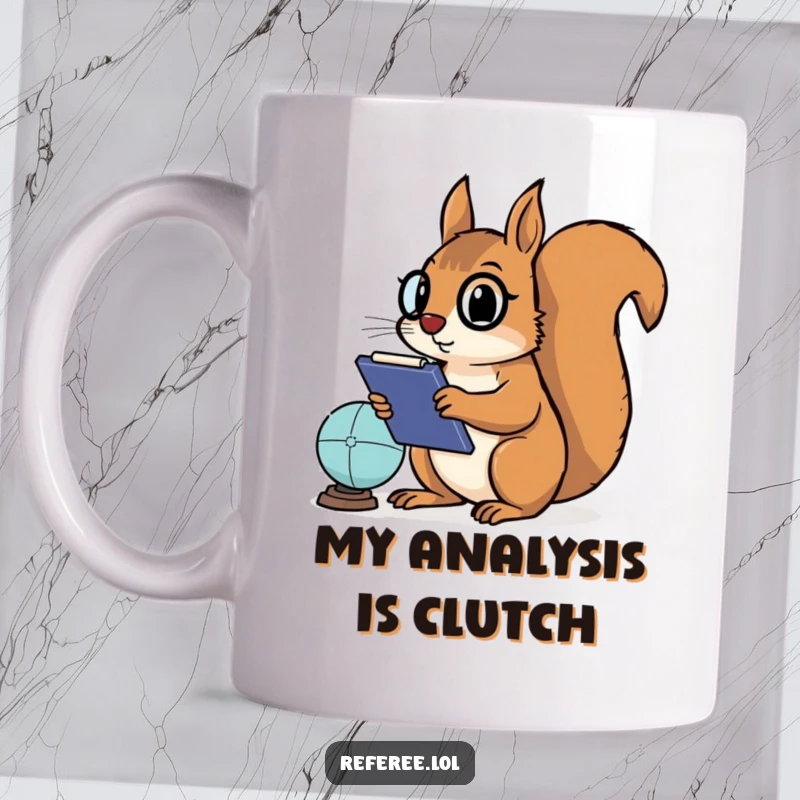 Funny mug featuring a determined squirrel wearing a tiny headset, clipboard in paw, intensely strategizing a sports game with a focused expression.