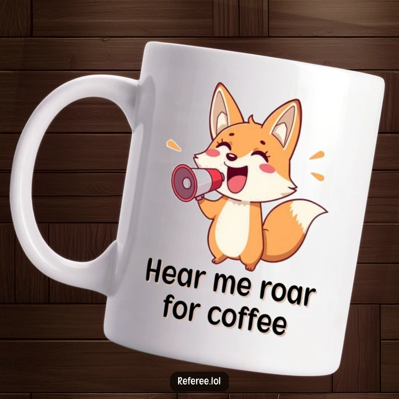 Funny mug featuring a cheerful fox holding a megaphone and shouting enthusiastically, radiating fun and energetic communication.