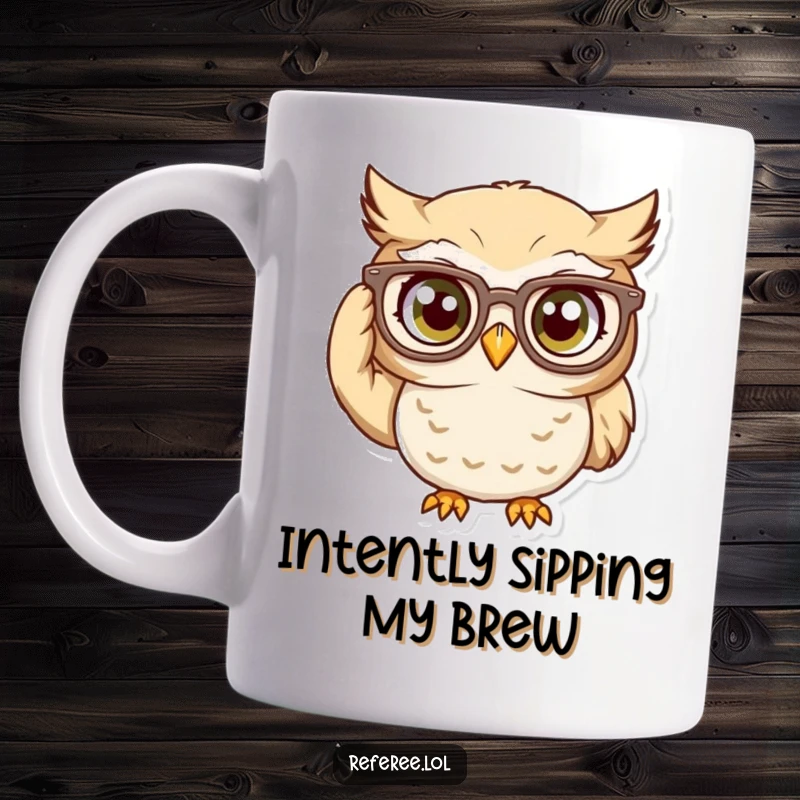 Funny Mug: Curious owl character meticulously adjusting large glasses, embodying intense focus and scholarly humor.