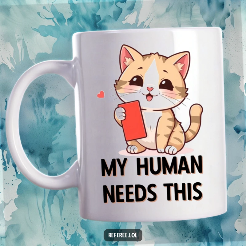 Funny cat mug showing a playful kitten with wide eyes, batting at a small red card with its paw, full of mischief.