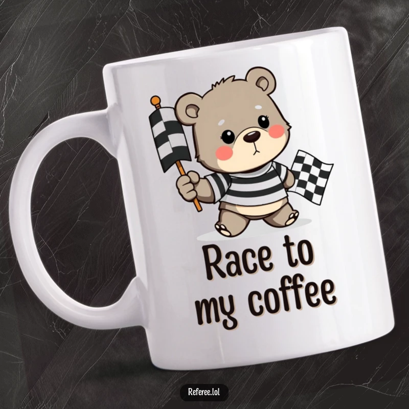 Funny mug showing a determined bear in a striped shirt holding a checkered flag, ready to celebrate victory with coffee.