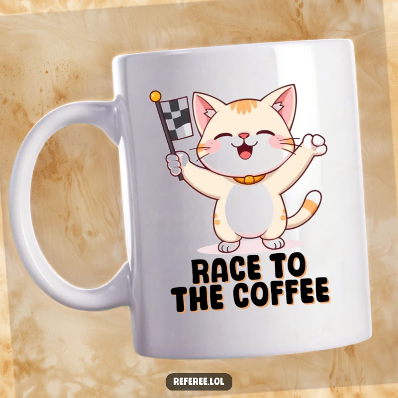 Funny happy cat enthusiastically waving a checkered flag on a mug, celebrating victory with excitement.