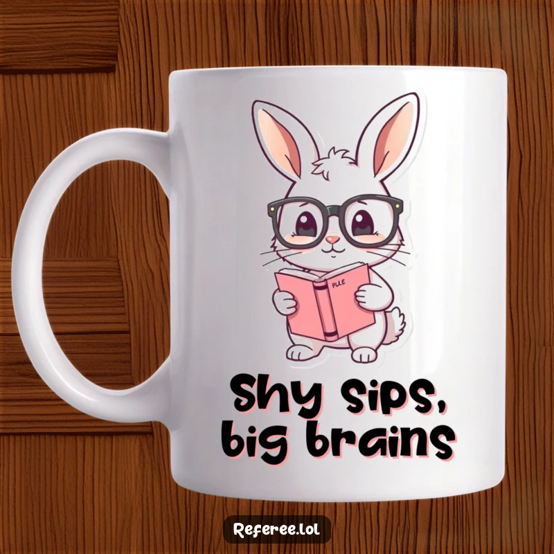 Funny mug featuring a shy bunny adjusting oversized glasses while holding a rule book, embodying studious and gentle humor.