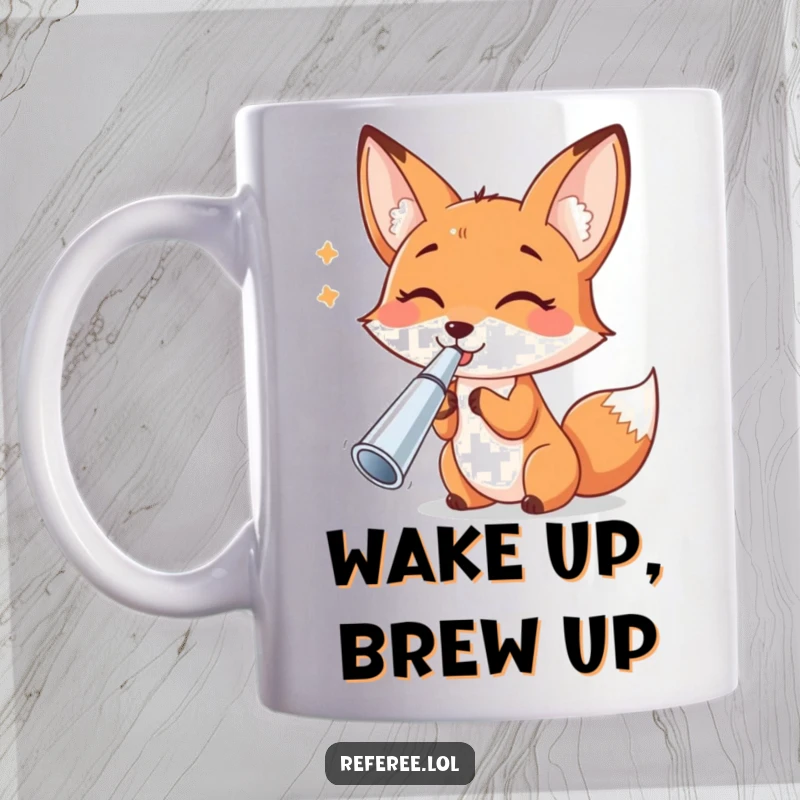 Funny cheerful fox blowing a shiny silver whistle heartily, on a coffee mug, conveying playful energy.