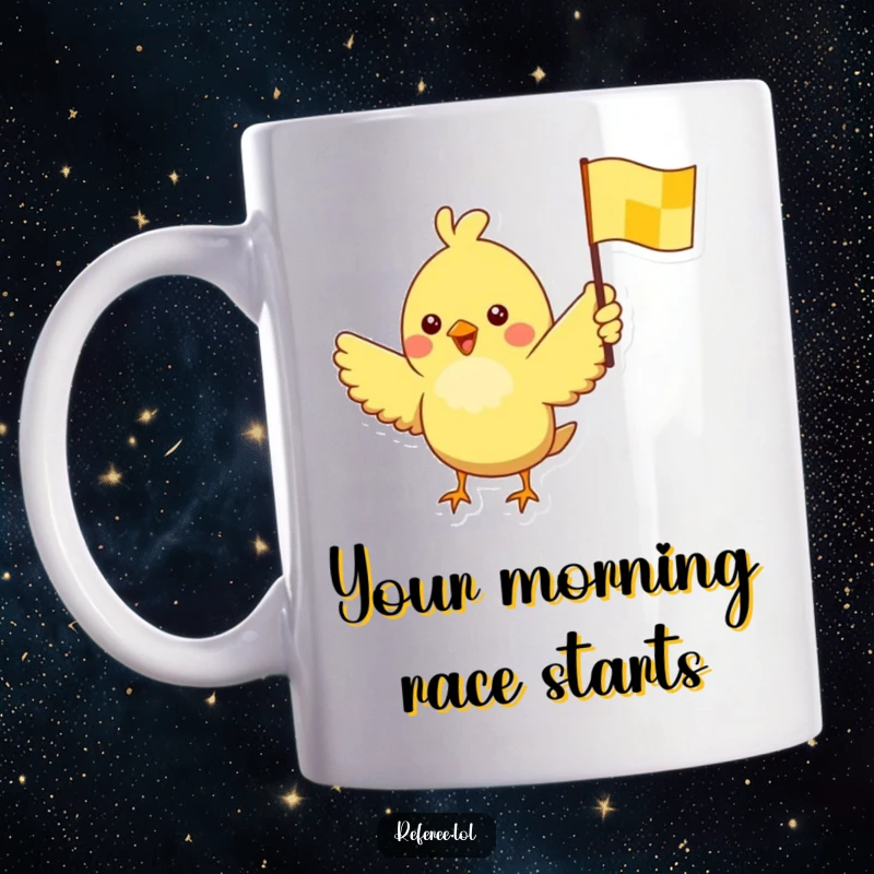 Funny mug depicting a cheerful bird with wide eyes, excitedly waving a yellow checkered flag, symbolizing victory and speed.
