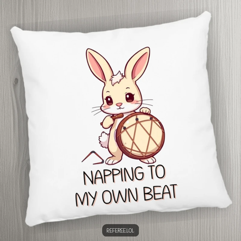 Funny Pillow showcasing a curious bunny with a determined look, drumming, adding comfort and musical flair.