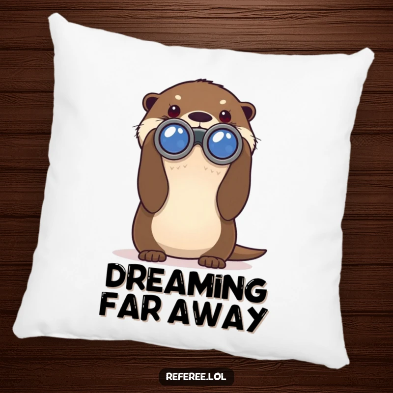 Funny pillow featuring a curious otter peering through binoculars, adding soft, humorous exploration to any decor.