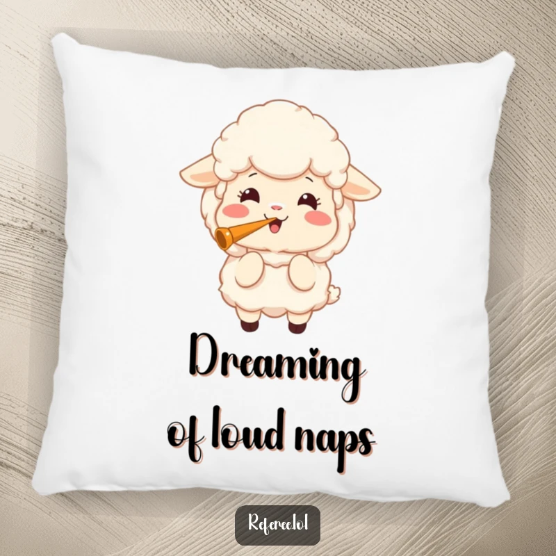 Funny pillow featuring a fluffy sheep with a joyful expression, blowing a loud whistle, bringing comfort and humor.