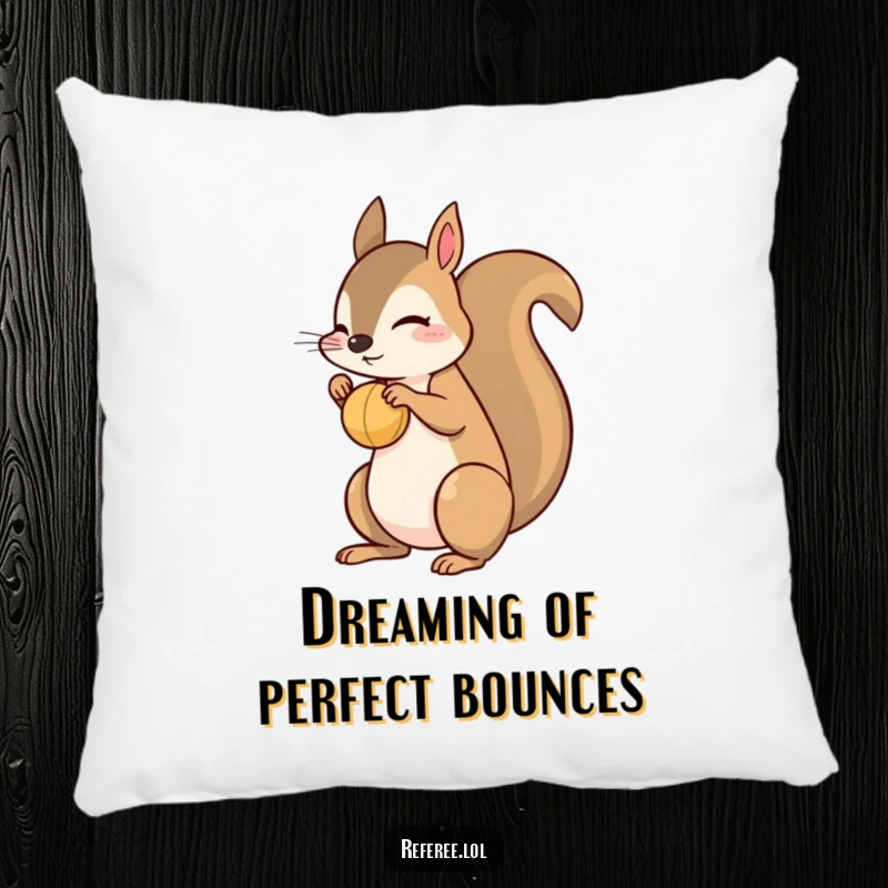 Funny squirrel pillow depicting a playful squirrel balancing a small ball on its nose. Soft, cute, and humorous decor.