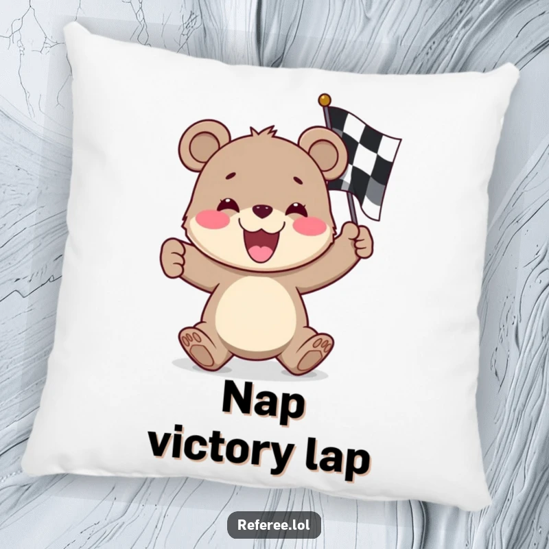 Funny bear cub pillow, gleefully waving a checkered flag, adding a touch of racing excitement and softness.