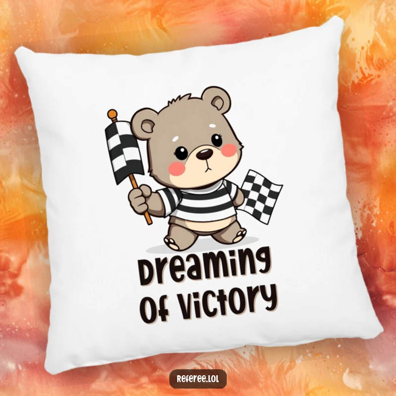 Funny pillow featuring a determined bear in a striped shirt holding a checkered flag, offering soft comfort and a victorious vibe.