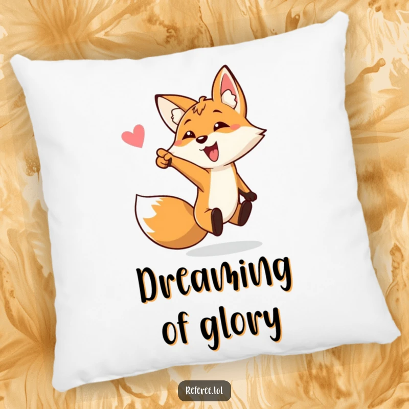 Funny pillow with a bouncing fox enthusiastically pointing towards a goal, providing comfort and humor, a great funny gift.