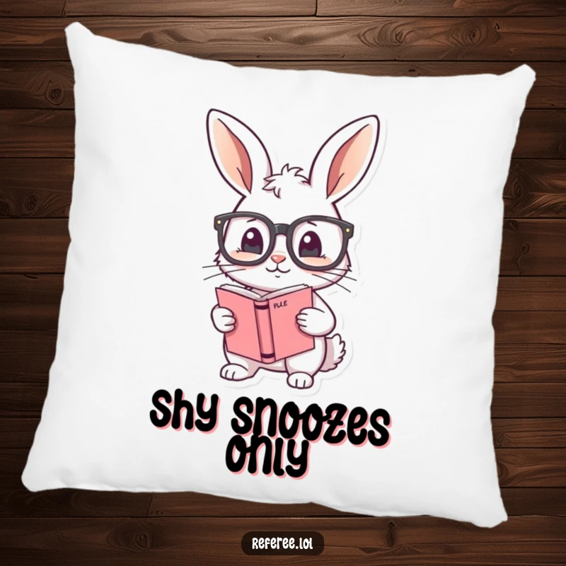 Funny pillow featuring a shy bunny adjusting oversized glasses and holding a rule book, offering soft comfort and studious charm.