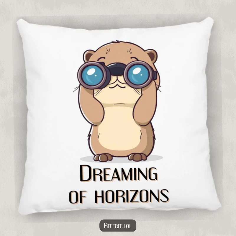 Funny pillow showcasing a curious otter using very large binoculars. Adds comfort and whimsy to any room, an excellent funny gift.