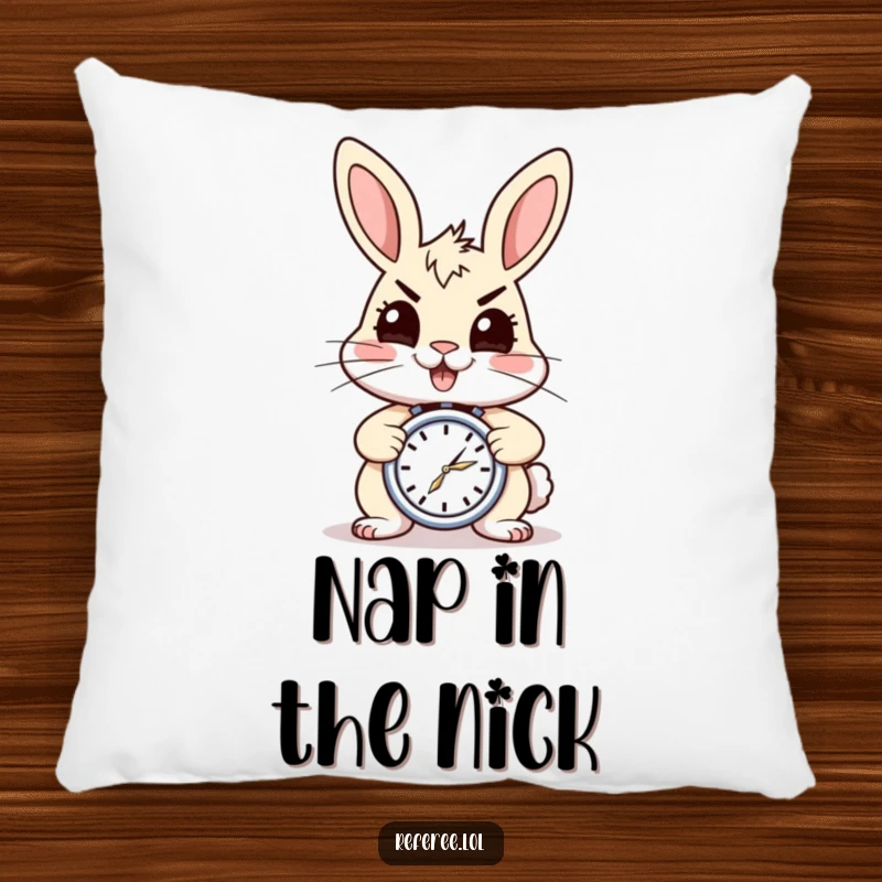 Funny pillow showcasing a cheerful rabbit with a stopwatch, looking energetic. Adds comfort and humor to any room, an excellent funny gift.