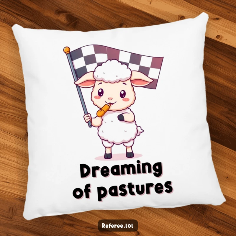 Funny decorative pillow featuring an adorable kawaii sheep holding a referee whistle and checkered flag, adding a touch of cute, game-themed humor.