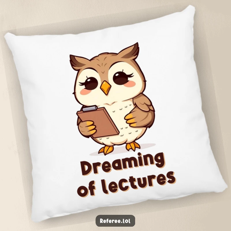 Funny wise owl holding a clipboard, ready to take notes, on a soft and funny decorative pillow.