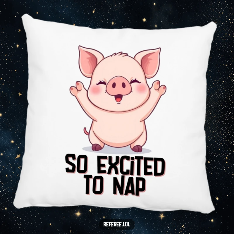 Funny giggling piglet signaling with both paws raised high on a pillow, providing comfort and cheerful vibes.