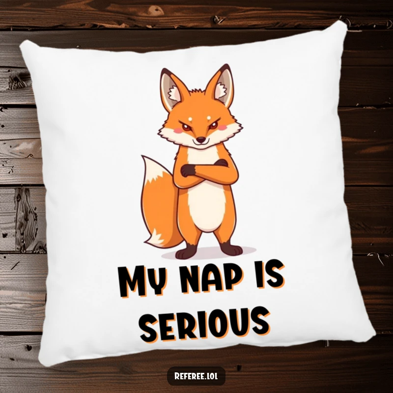 Funny proud fox with arms crossed and a stern look, featured on a plush pillow for humorous accent and comfort.