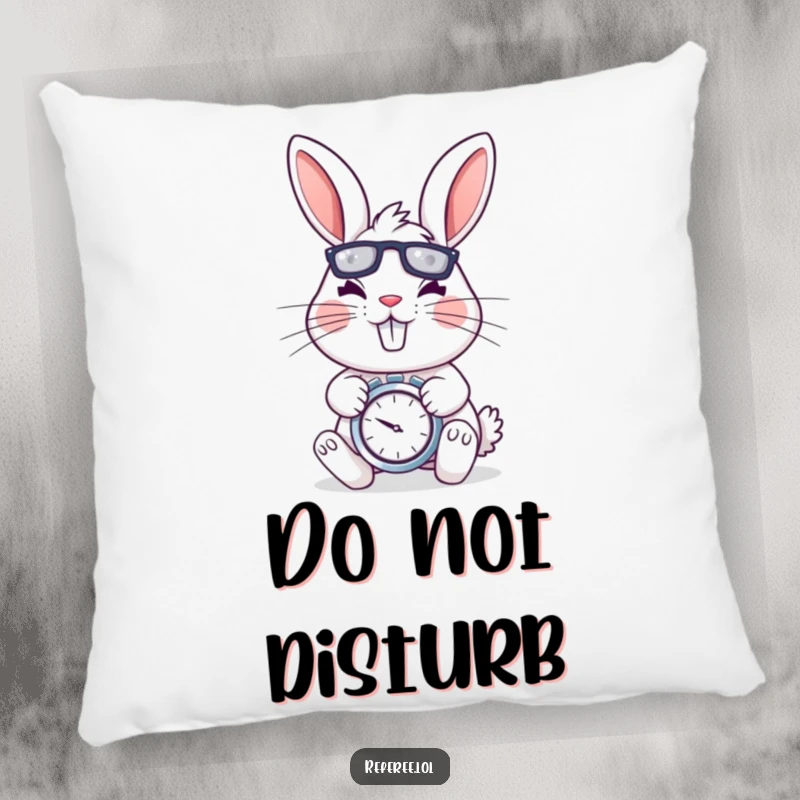 Funny pillow featuring a cheerful rabbit with a stopwatch, looking determined and energetic, offering comfort with humor.