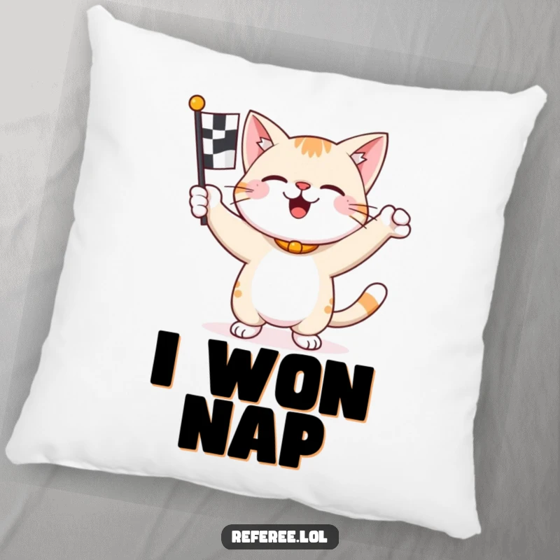 Funny happy cat enthusiastically waving a checkered flag on a pillow, celebrating a win in comfort.