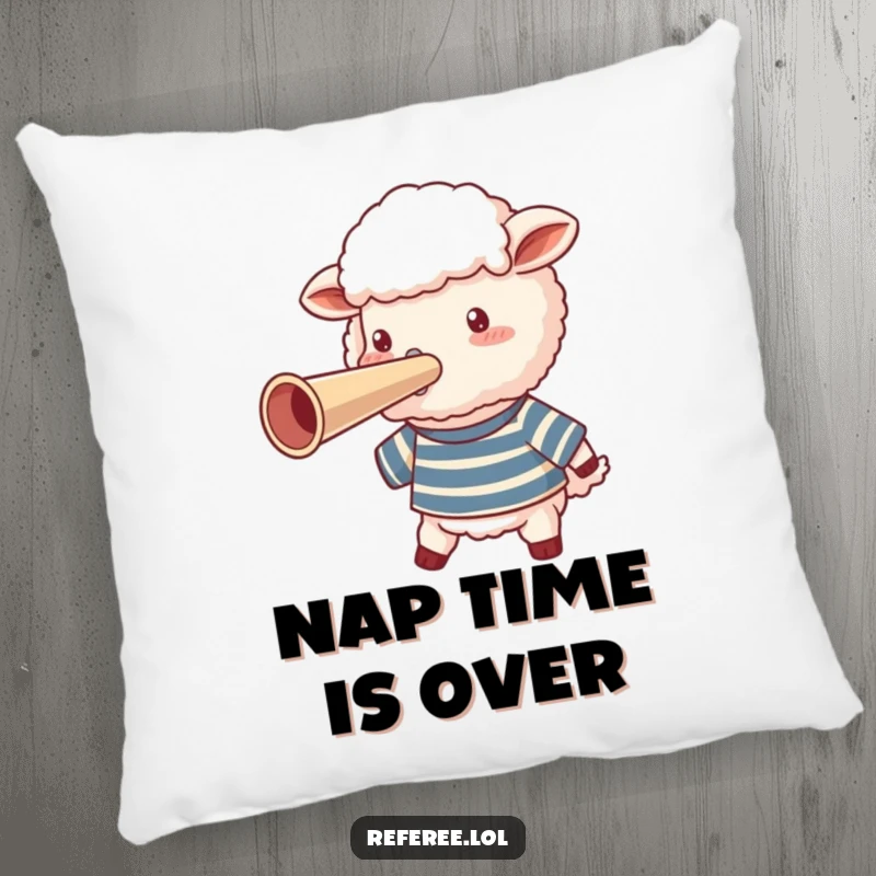 Funny sheep in a striped shirt blowing a giant whistle on a soft pillow, bringing comfort and laughs.