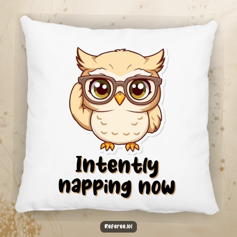 Funny Pillow: Curious owl character intently adjusting oversized glasses, a soft and humorous decorative item.