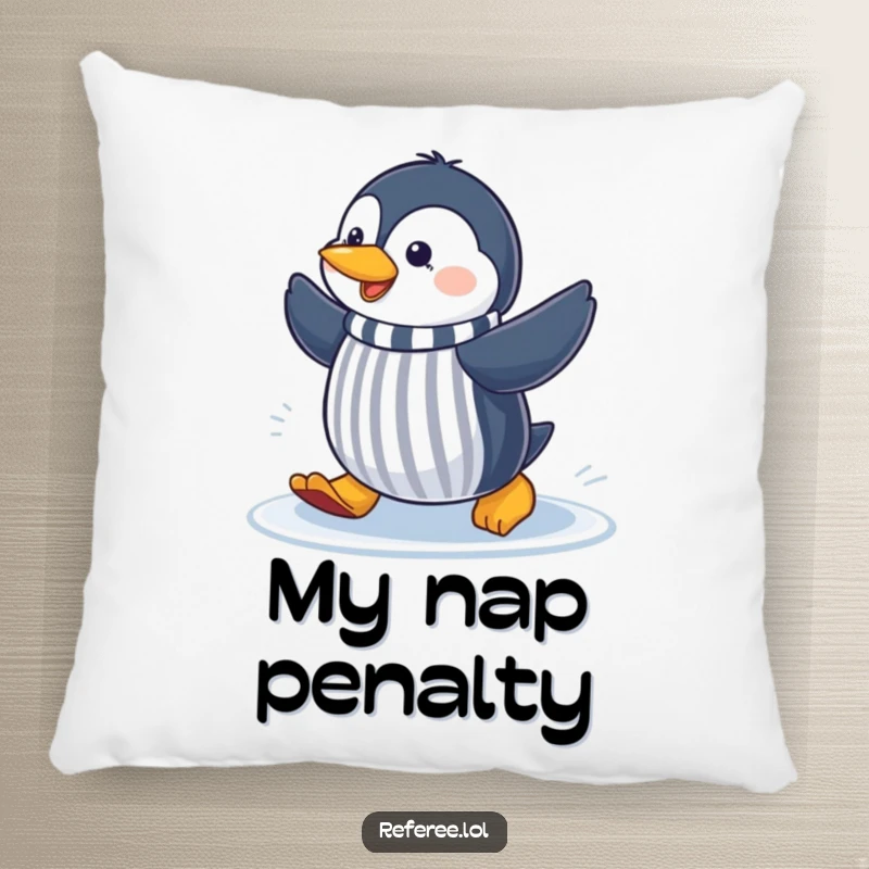 Funny cheerful penguin sliding on ice, gesturing like a referee, featured on a plush pillow for humorous sports decor.