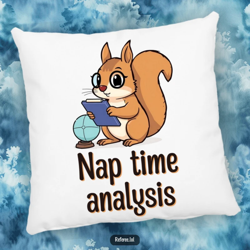 Funny pillow with a determined squirrel holding a clipboard, intently watching a game, offering plush comfort and a touch of humorous strategy.