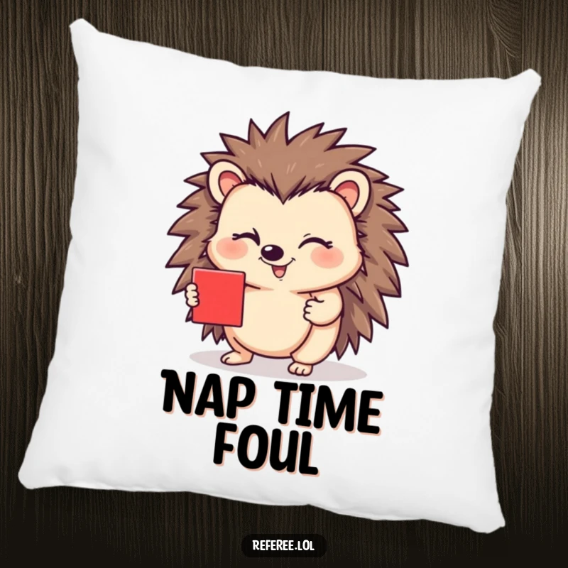Funny pillow with a happy hedgehog winking and holding a red card, a comfortable and humorous accent for any room, great funny gift.