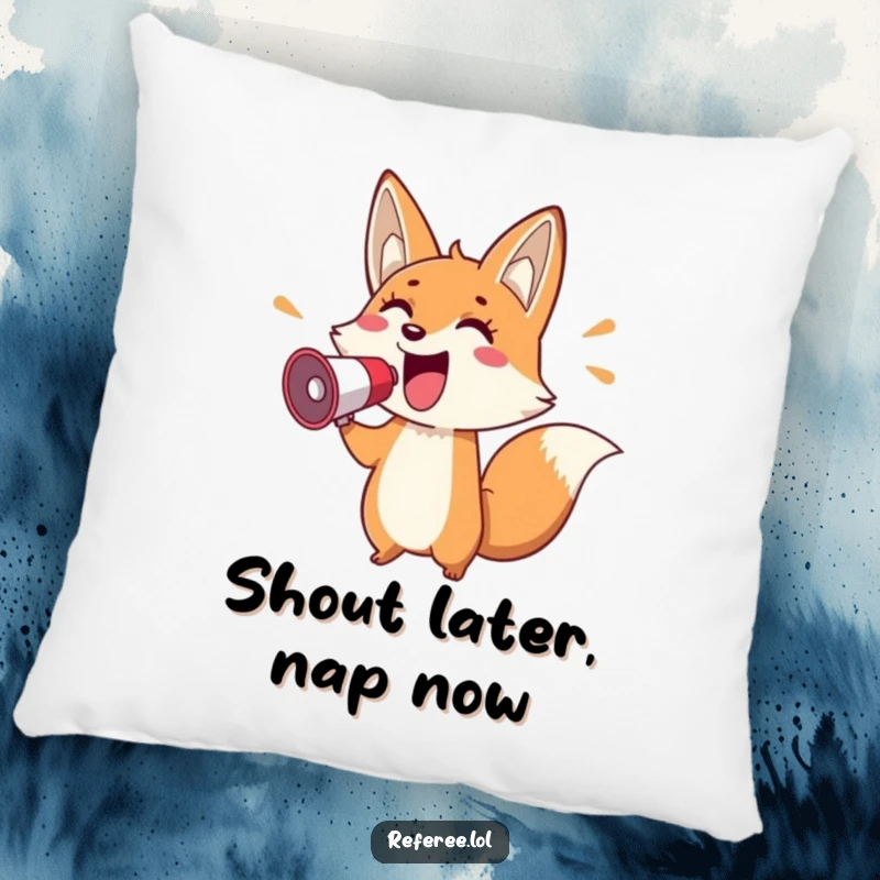 Funny pillow featuring a cheerful fox holding a megaphone and pointing enthusiastically, offering soft comfort and energetic charm.