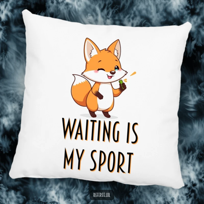 Funny pillow with a happy, impatient fox character holding a whistle. Soft and humorous decor.