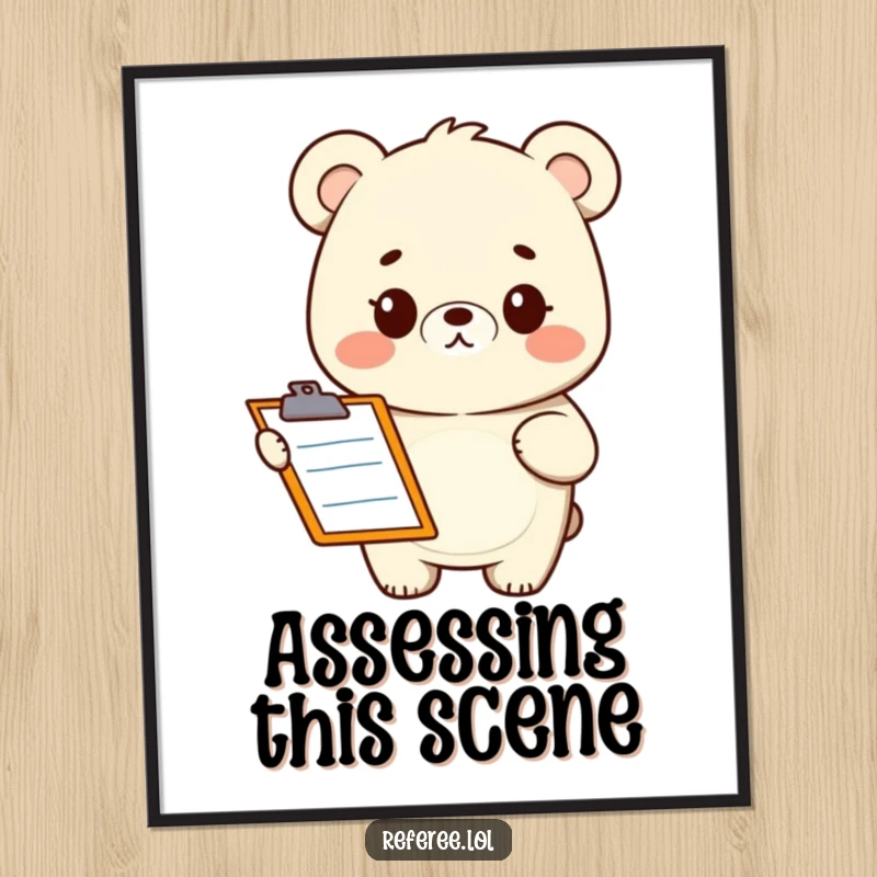 Funny digital art print of a smiling bear with a clipboard, looking quizzical. Instant humorous decor.