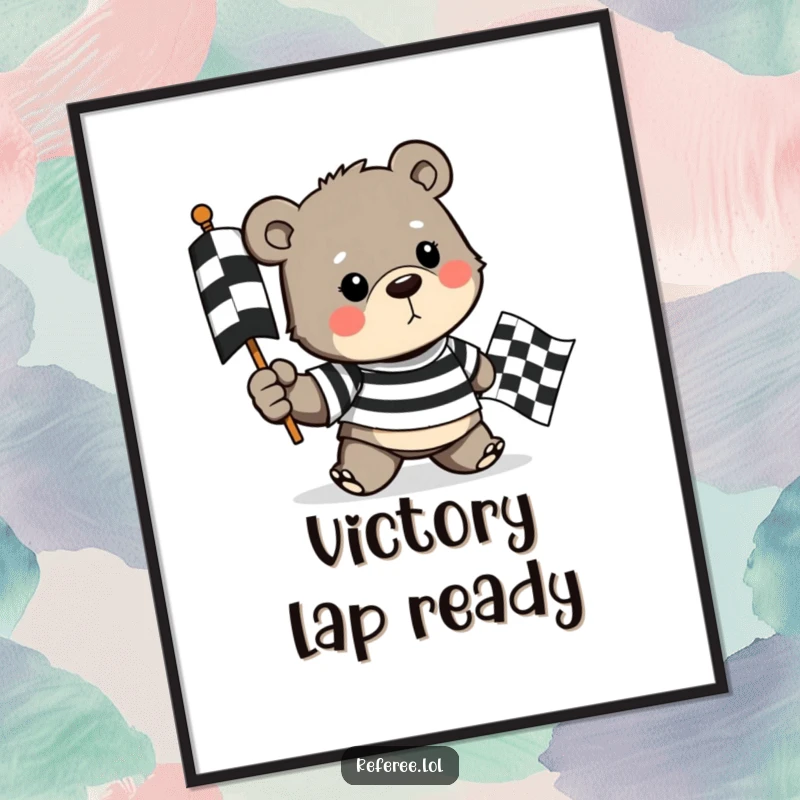 Funny digital art print of a determined bear in a striped shirt holding a checkered flag, perfect for energetic and humorous racing decor.
