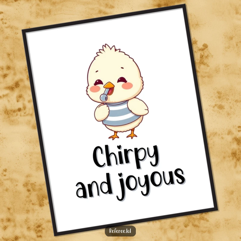 Funny digital art print of a fluffy chick in a striped shirt, gleefully blowing a whistle, perfect for cheerful and cute wall decor.