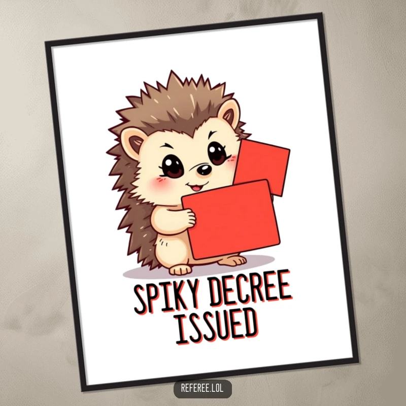 Funny digital art print: a determined hedgehog holding a bright red card. Perfect motivational decor and a great funny gift.