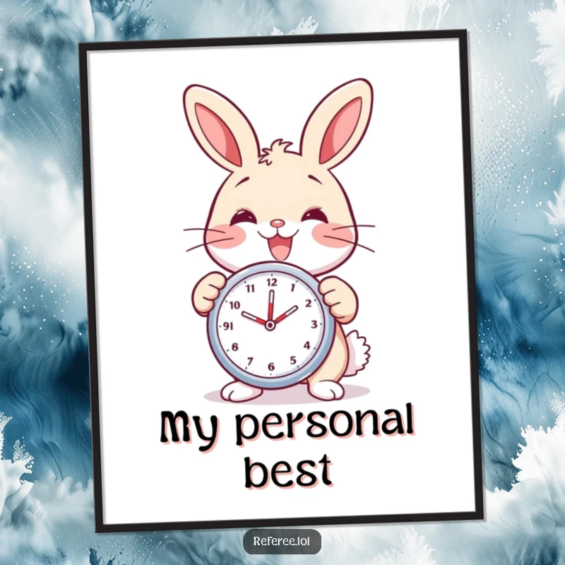 Funny digital art print of a delighted bunny holding a stopwatch and smiling. Cheerful and humorous timekeeping decor.
