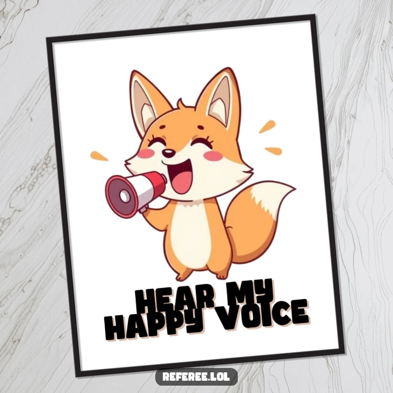 Funny digital art print of a cheerful fox holding a megaphone and pointing enthusiastically, perfect for energetic and communicative wall decor.