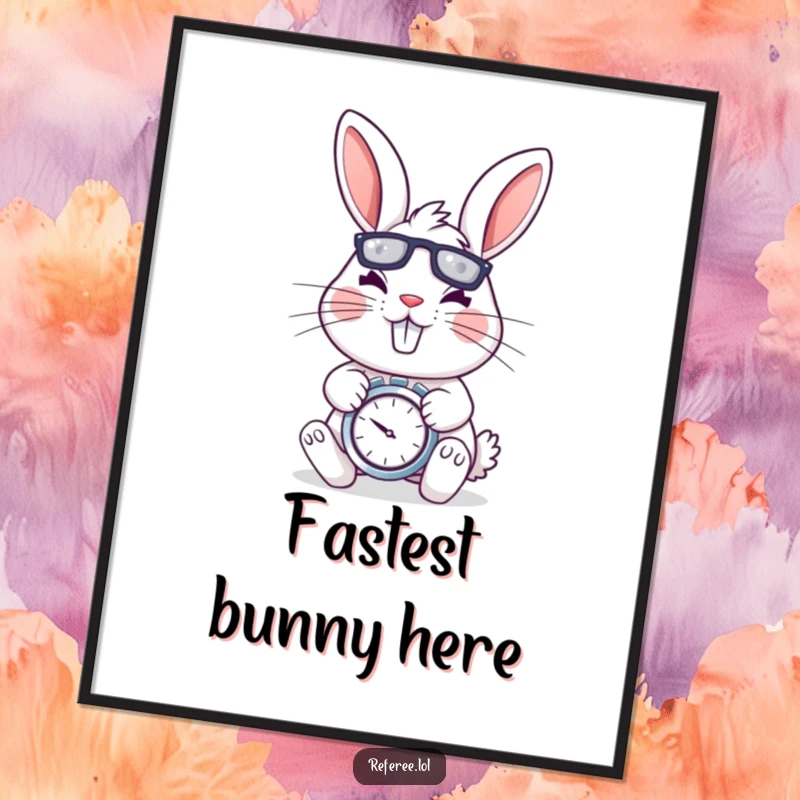 Funny digital art print of a cheerful rabbit with a stopwatch, looking determined and energetic, adding playful humor to walls.