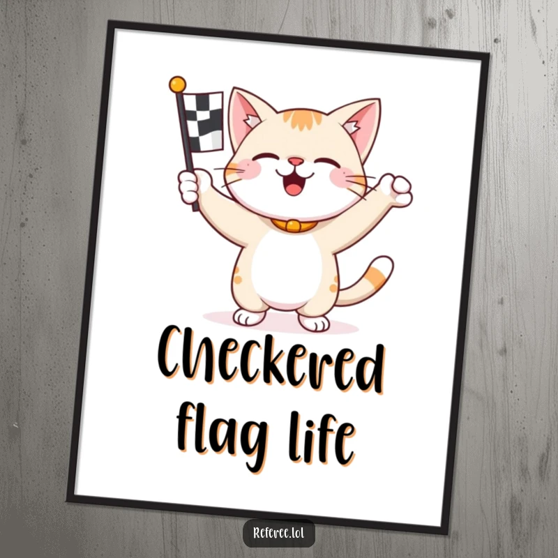 Funny happy cat enthusiastically waving a checkered flag on a digital art print, for instant racing fun.